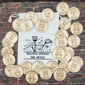 Laser Engraved Wood Chore Token Set with Muslin Bag, NWT